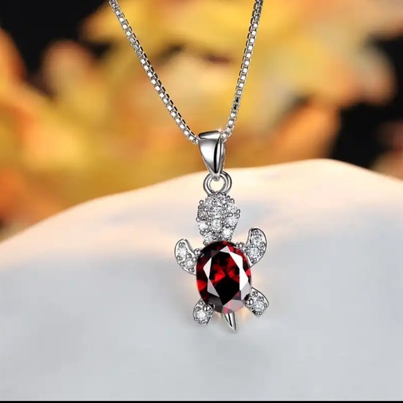 “Just Keep Swimming” Red Gemstone Turtle Diamond Sterling Silver Gift Necklace - Picture 12 of 12